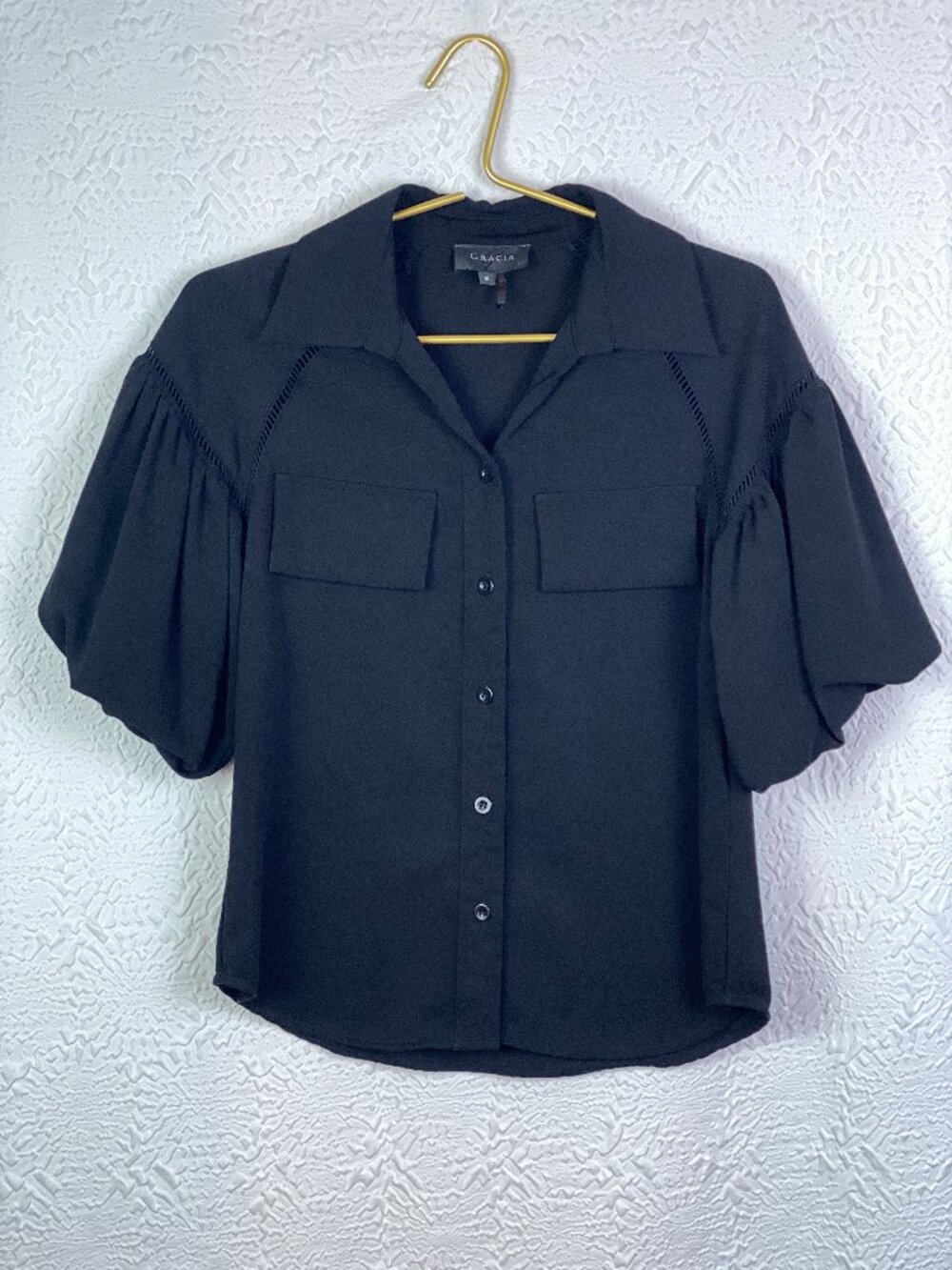 Gracia Black Puff Balloon Sleeve Button-Up Blouse Size Small Statement sleeve